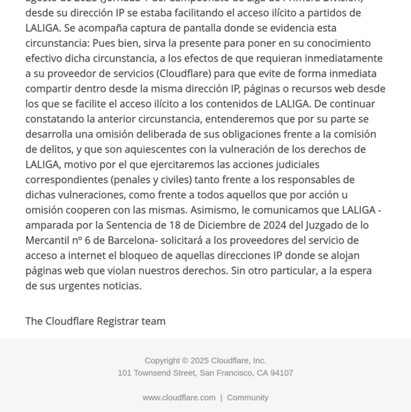 Correo enviado por La Liga